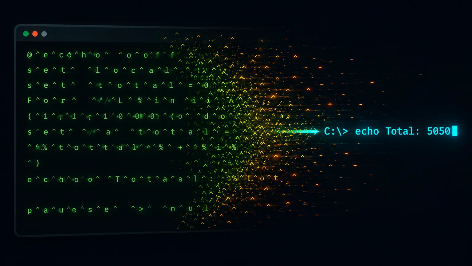 A dark terminal window showing a caret-obfuscated batch command dissolving into embers on the left while a clean, readable command line glows in cyan on the right.