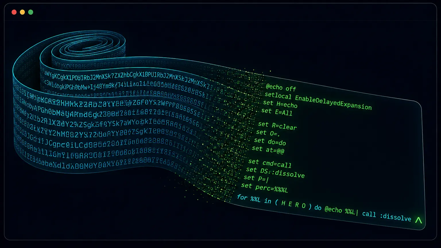 A glowing cyan ribbon of base64 characters spirals out of a dark console panel and unrolls into readable green script lines on the far side.