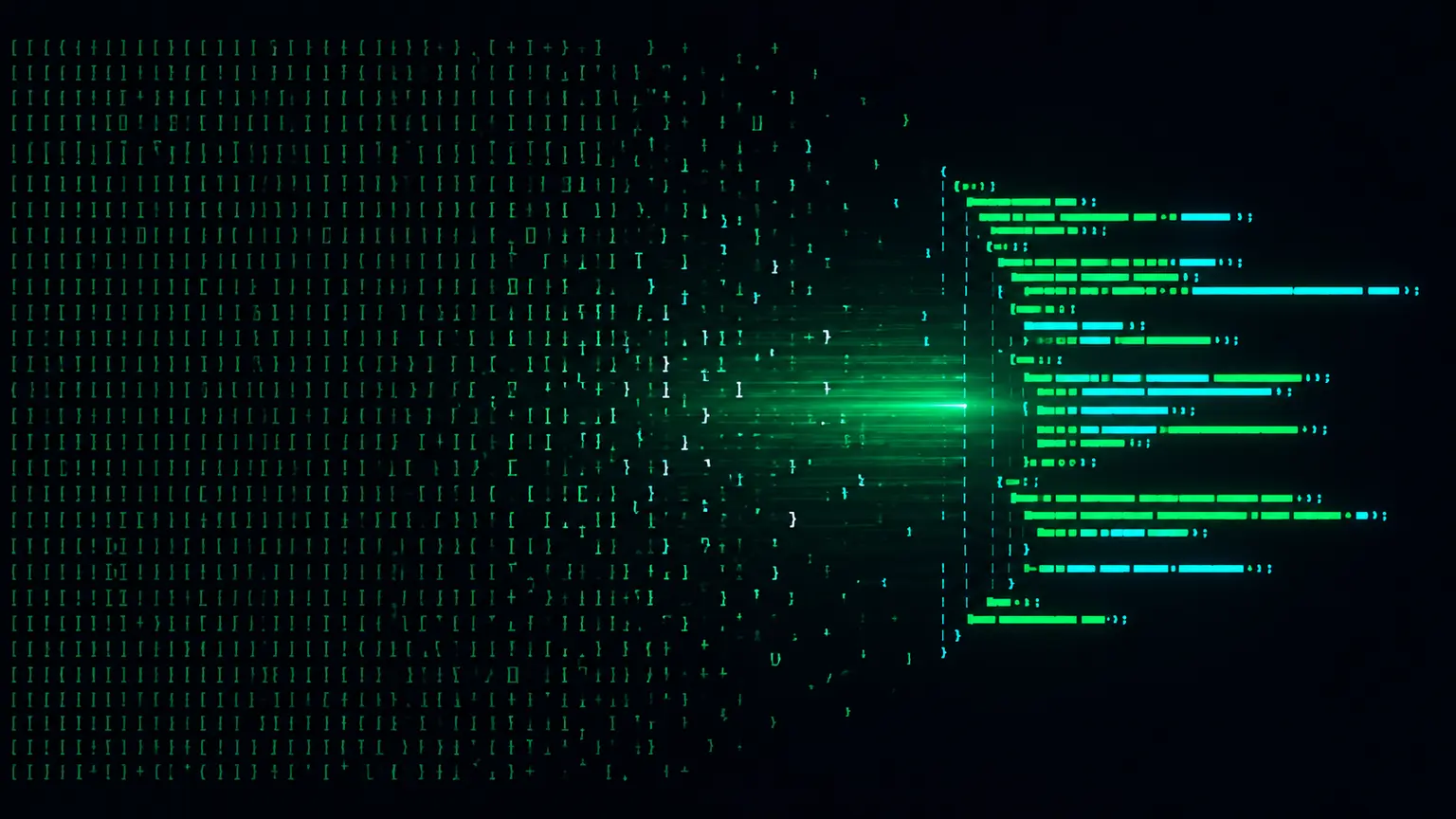 A dense field of the six JSFuck characters, open and close square brackets, parentheses, exclamation marks and plus signs, on a dark background, dissolving from left to right into clean readable JavaScript, representing a JSFuck payload being statically decoded without execution