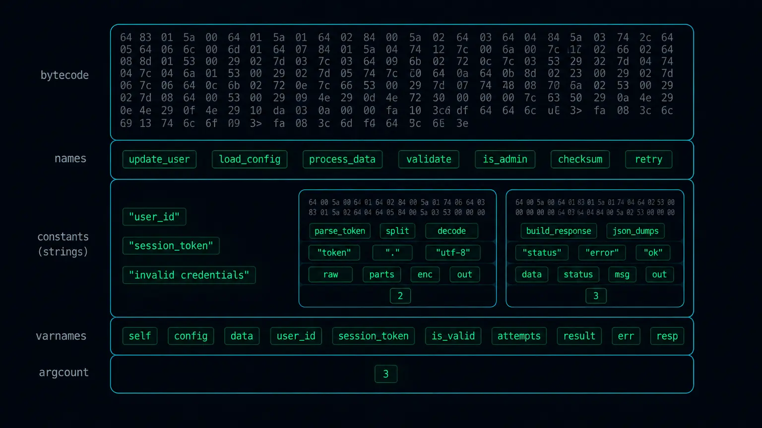 Anatomy of a single Python code object drawn as a labelled container. One opaque band at the top holds the bytecode as unreadable grey hex. Below it, bands labelled names, constants, varnames and argcount hold short readable green tokens: function names, quoted strings, local variable names and an argument count. Two smaller containers nested inside the constants band repeat the same structure, showing that inner functions are themselves code objects carrying their own readable names and constants
