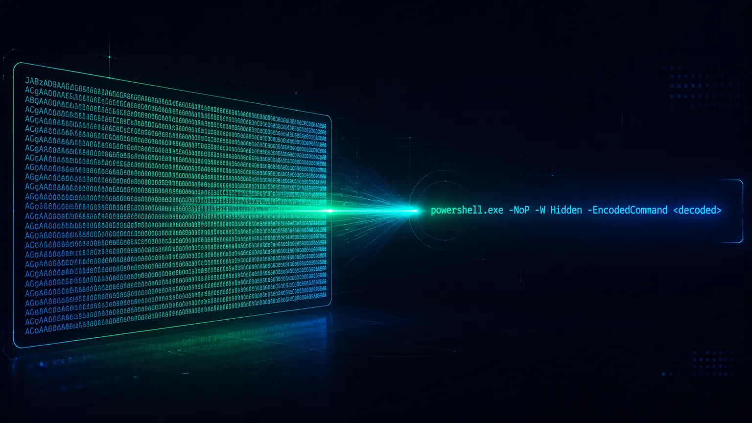 A dense base64 block on the left decoding through a beam of light into a single readable PowerShell command line on the right