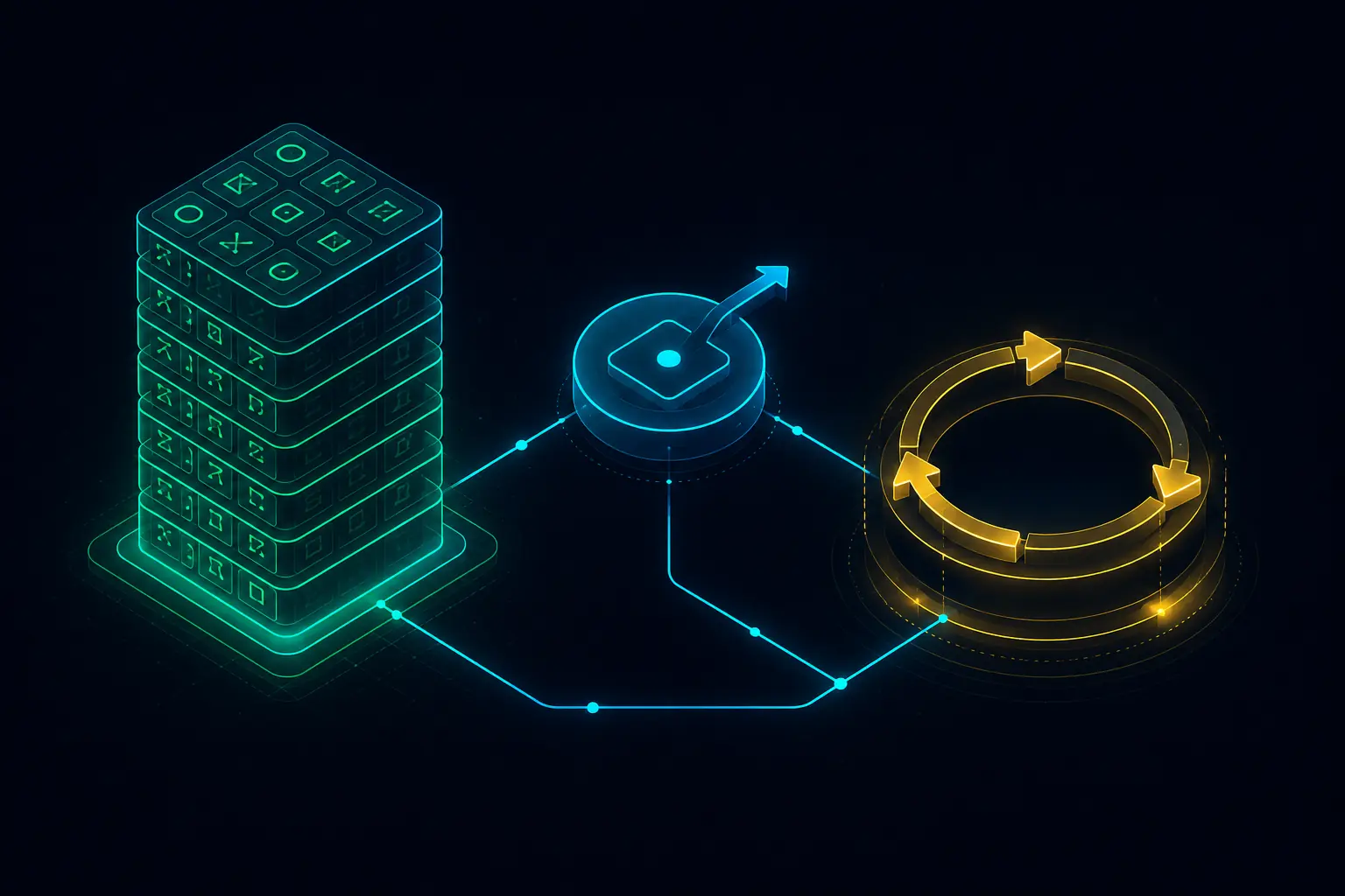 Isometric diagram of the three cooperating parts: a stacked string array, an accessor function node, and a circular rotation loop