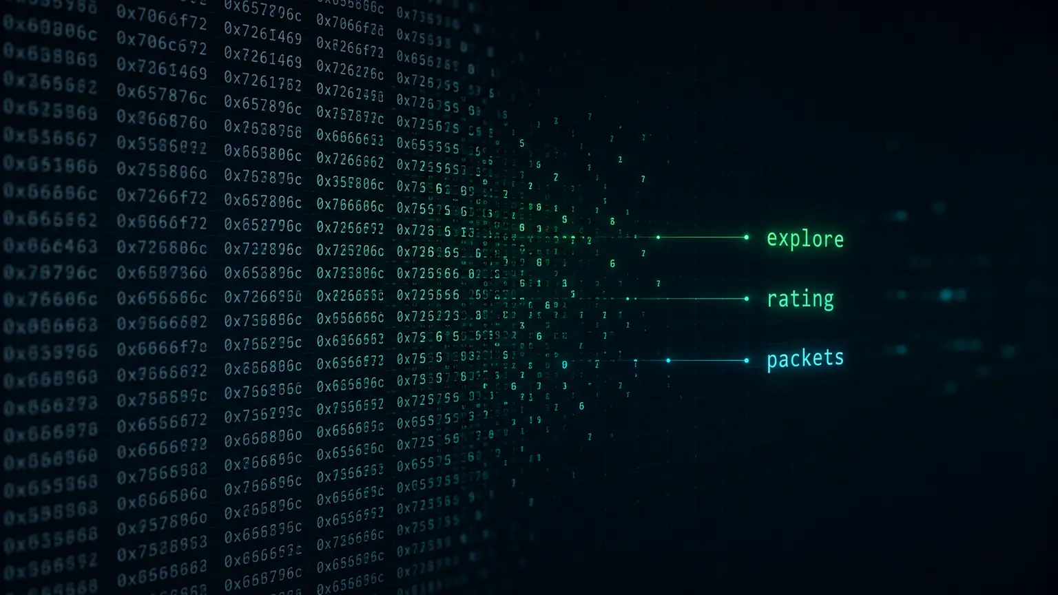 A dense grid of hexadecimal integers on a dark background, part of it resolving into readable words, representing hidden strings being reconstructed from a packed array