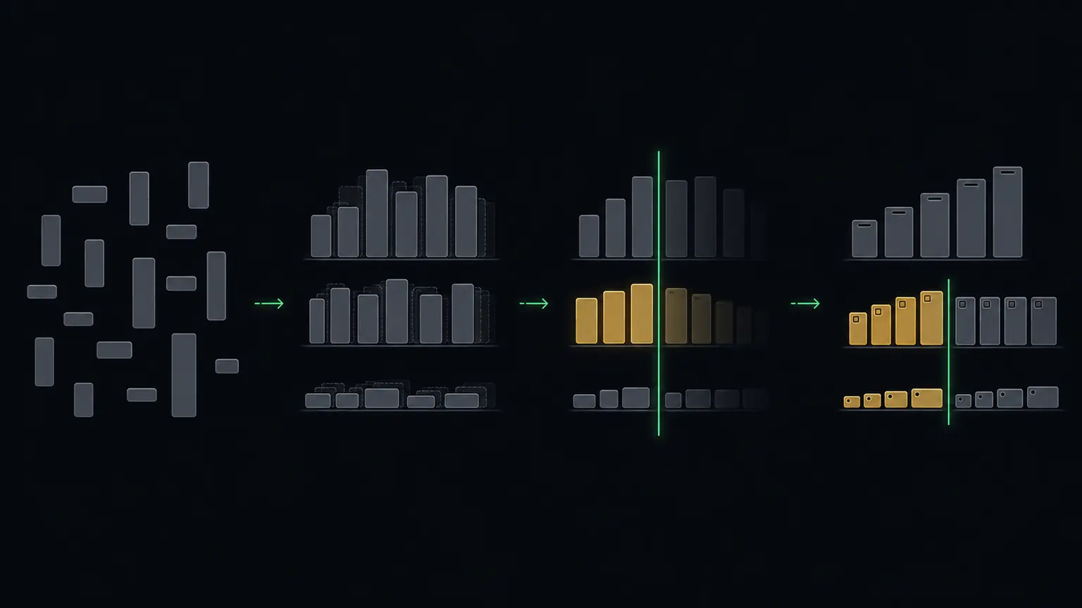 A four-stage diagram. First, an unordered scatter of tiles representing a Python set. Second, the tiles grouped into rows by length, with equal-length tiles in an arbitrary order within each row. Third, a vertical cut line falling in the middle of an equal-length group, so which tiles survive depends on that arbitrary order. Fourth, the same rows with equal-length tiles explicitly ordered, so the cut lands on a stable boundary.