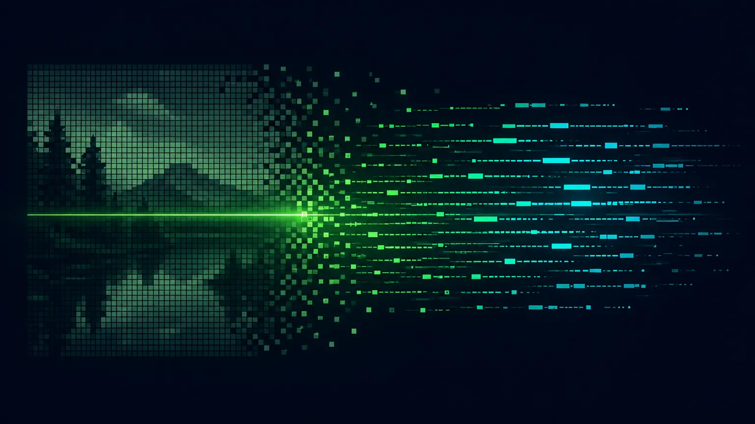 A pixel mosaic forming a dim landscape image on a dark background with a bright horizontal scan line crossing it, individual pixels lifting out of the grid and streaming rightward into structured rows of code-like dashes, representing hidden data being detected and extracted from inside an image file