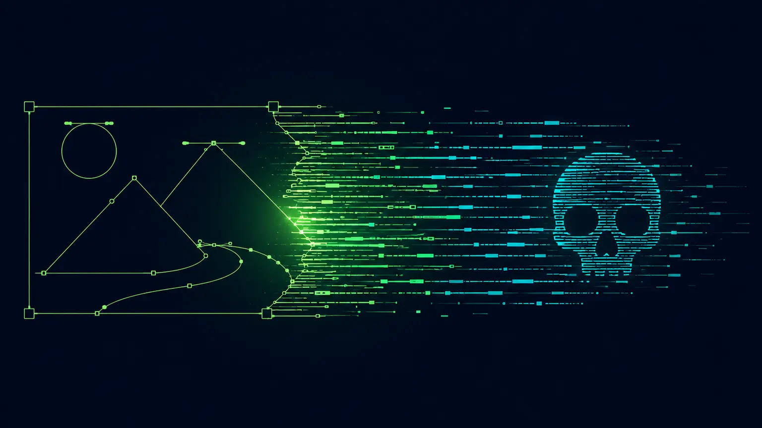 A wireframe vector illustration drawn from thin luminous outlines and bezier anchor points on a dark background, its paths unraveling from left to right into streams of code-like dashes that form a skull, representing a script payload hidden inside an SVG image file